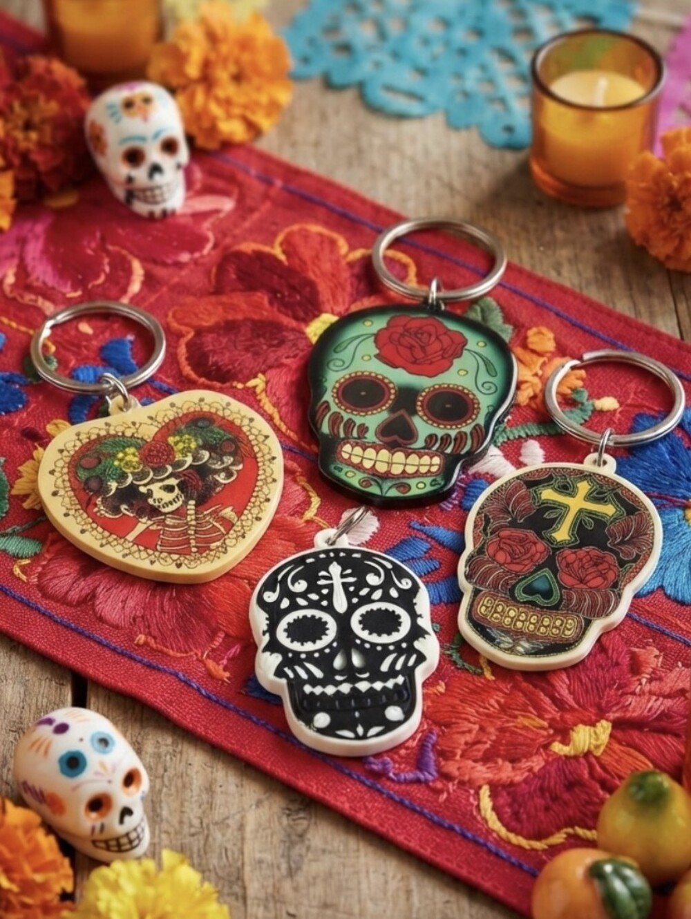 Day of the Dead Sugar Skull Keychain Set of 4 – Colorful Floral Designs - Picture 10 of 10